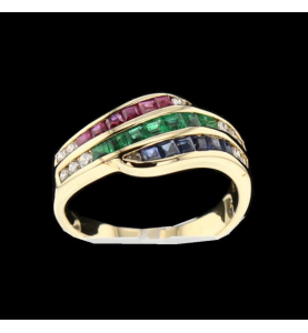 Ring yellow gold sapphires, rubies, emerald diamonds T53