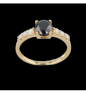 Yellow gold ring with black and white diamonds