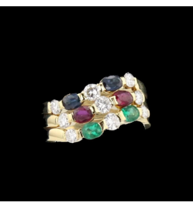 Triple ring in emerald yellow gold, ruby, sapphire, diamonds
