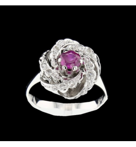 Ring synthetic ruby gray gold and diamonds