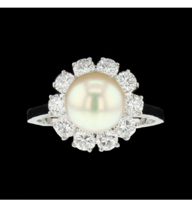 White Pearl Ring and Diamonds