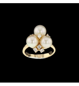 Yellow Gold Ring 3 pearls and diamonds