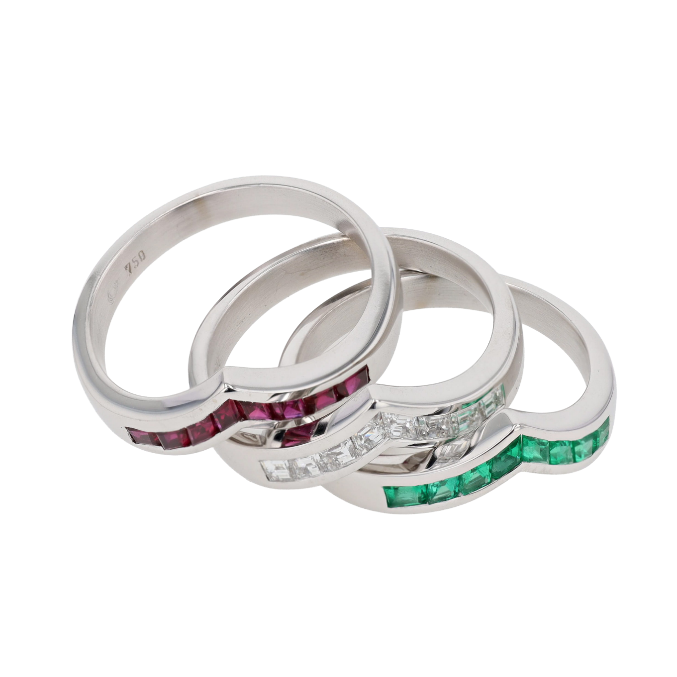 SET_3_BAGUES_CHEVRON_DIAMANTS_RUBIS_EMERAUDES image